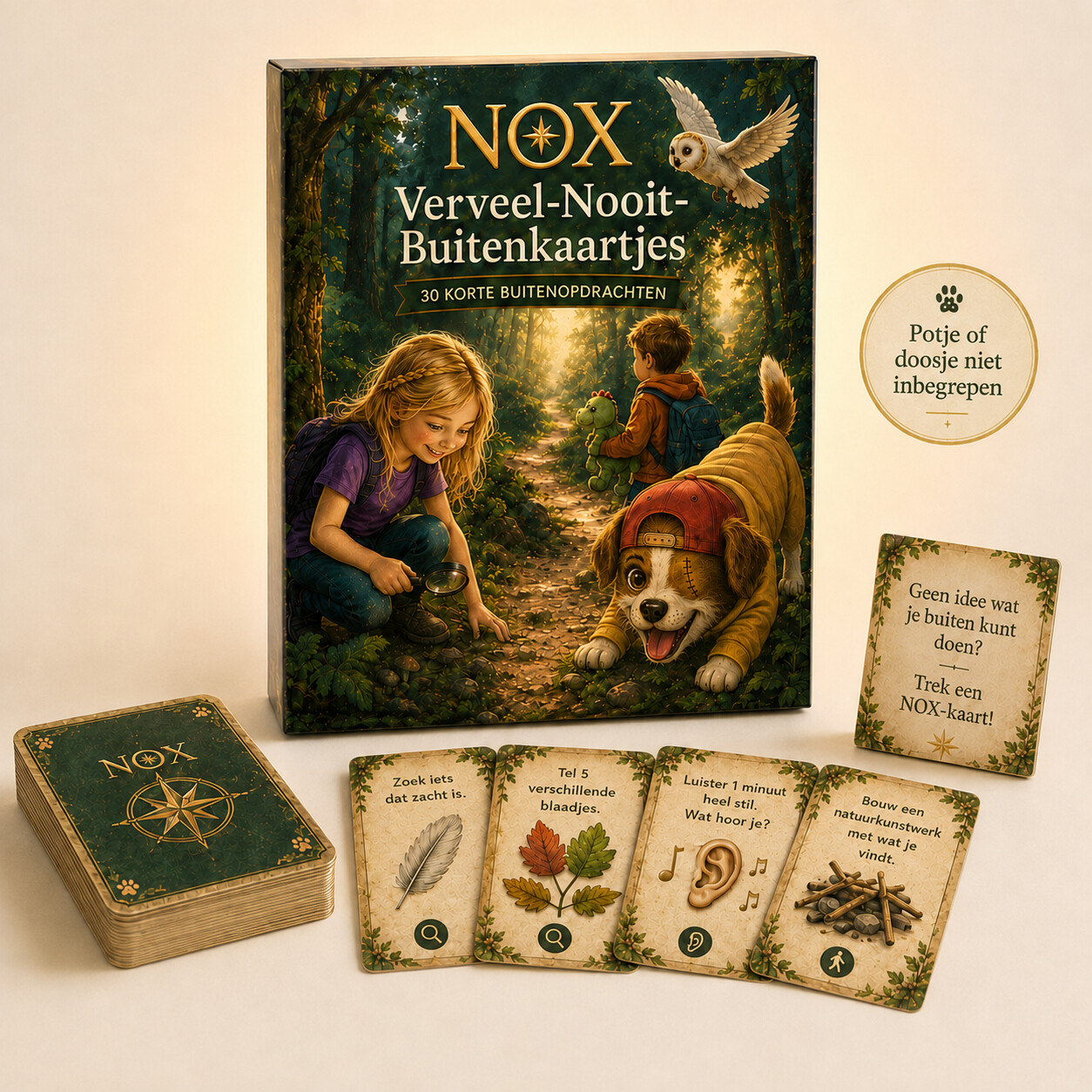 Voorbeeldpagina 1 uit NOX Verveel-Nooit-Buitenkaartjes – 30 korte opdrachten voor buiten