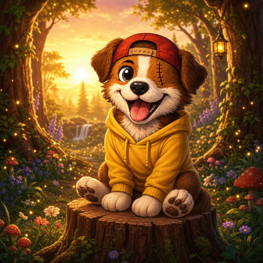 Nox, de hond met de rode pet en gele hoodie, in het bos bij zonsondergang