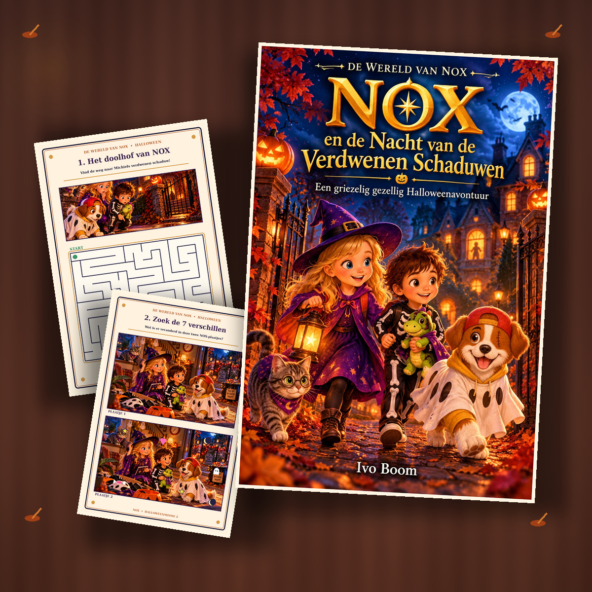 Het Halloweenboek naast twee missiebladen: het doolhof van NOX en zoek de 7 verschillen, op een houten plank