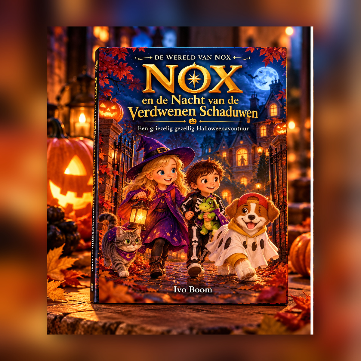 Het Halloweenboek van NOX tussen verlichte pompoenen en herfstbladeren, met de volledige titel op de kaft