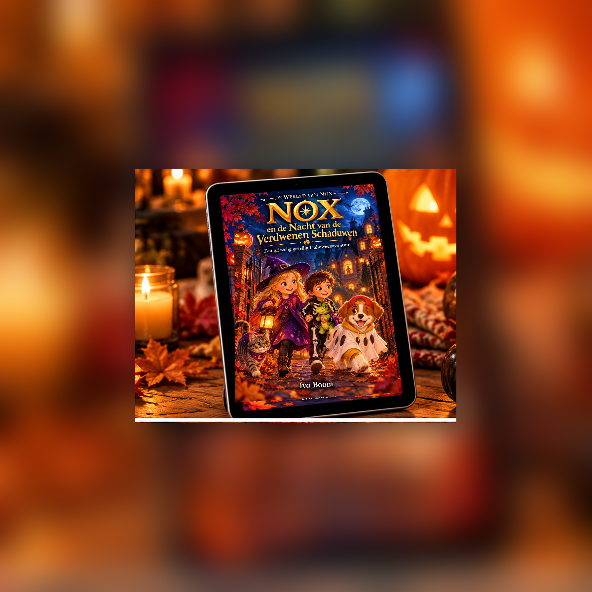 De cover van het Halloweenboek op een tablet of e-reader op een houten tafel met brandende kaarsen en een pompoen