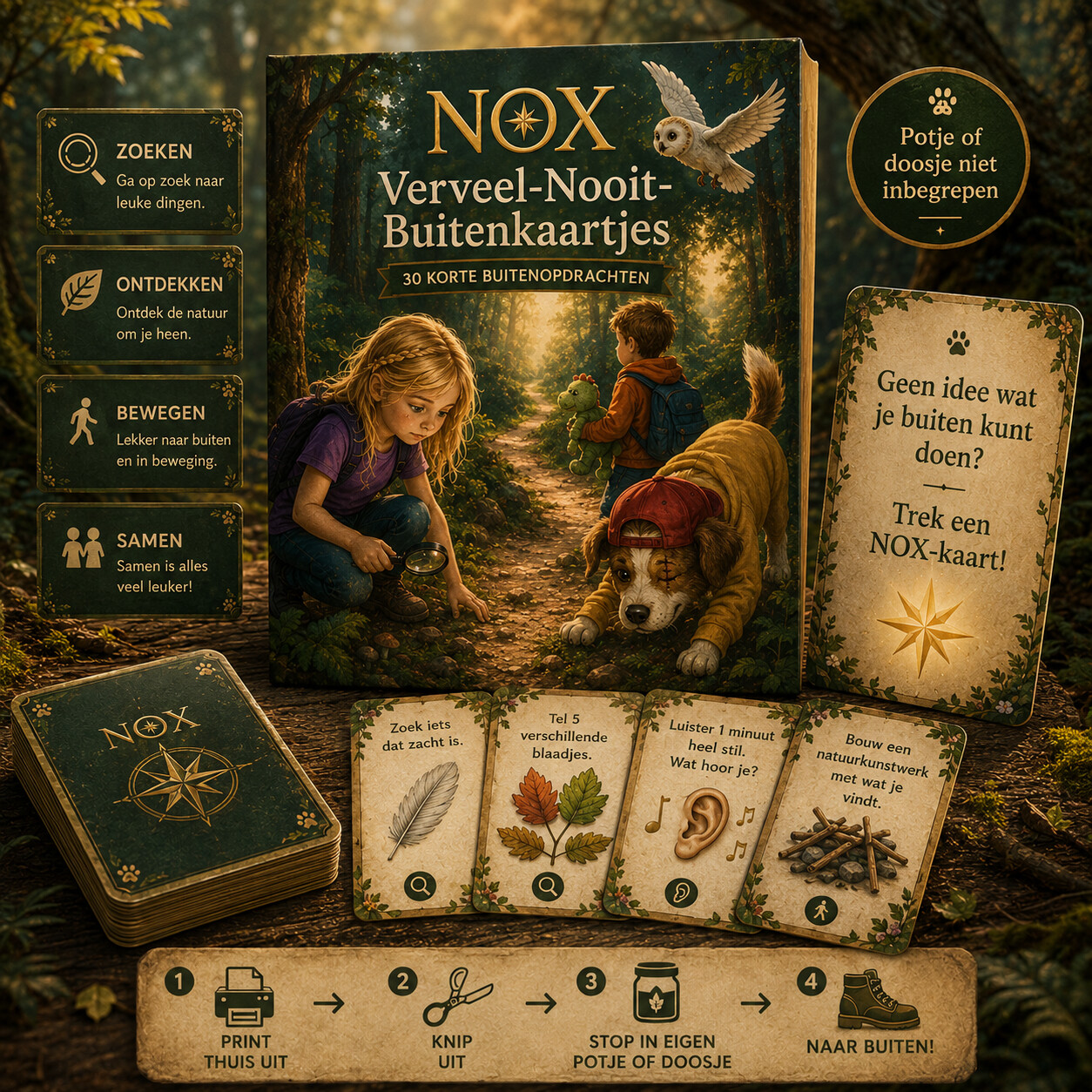 Voorbeeldpagina 2 uit NOX Verveel-Nooit-Buitenkaartjes – 30 korte opdrachten voor buiten